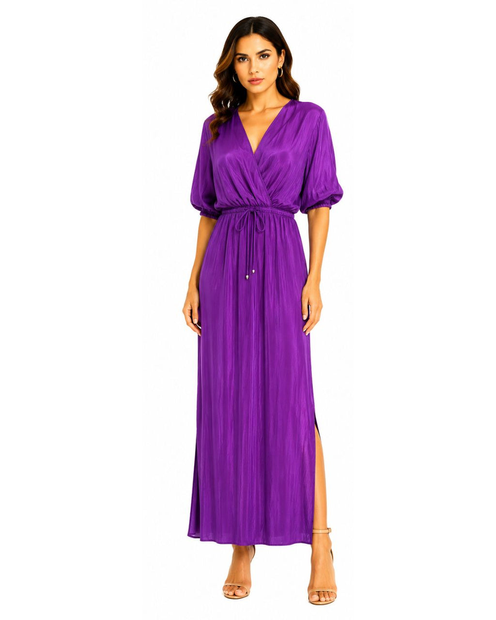 VESTIDO PURPURA EN SATIN CON MANGA