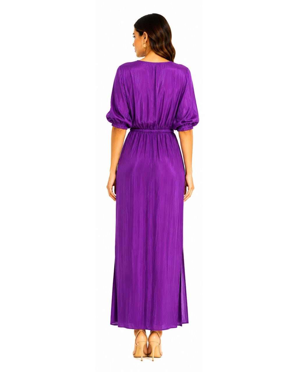 VESTIDO PURPURA EN SATIN CON MANGA