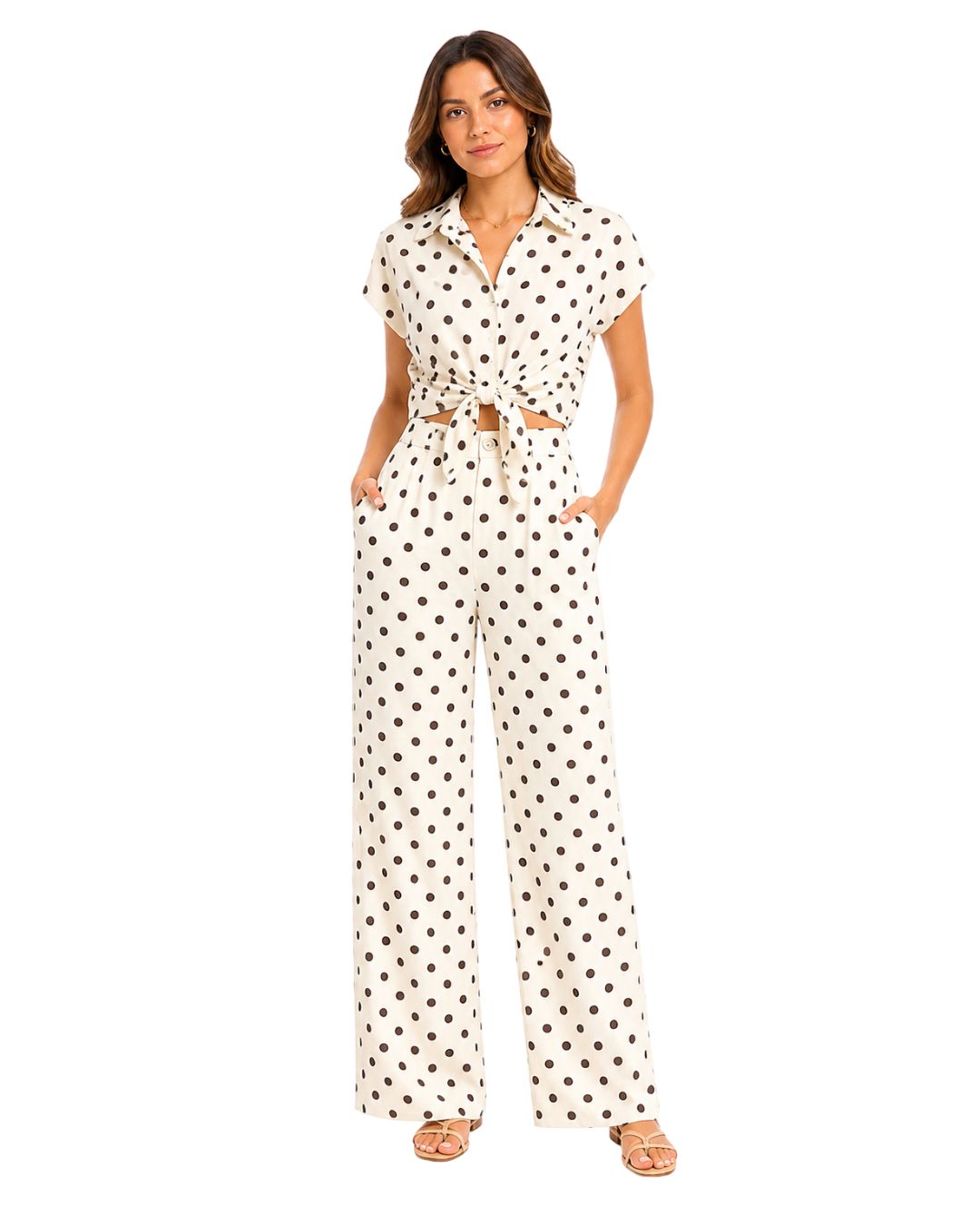 CAMISA POLKADOT BEIGE Y CAFE