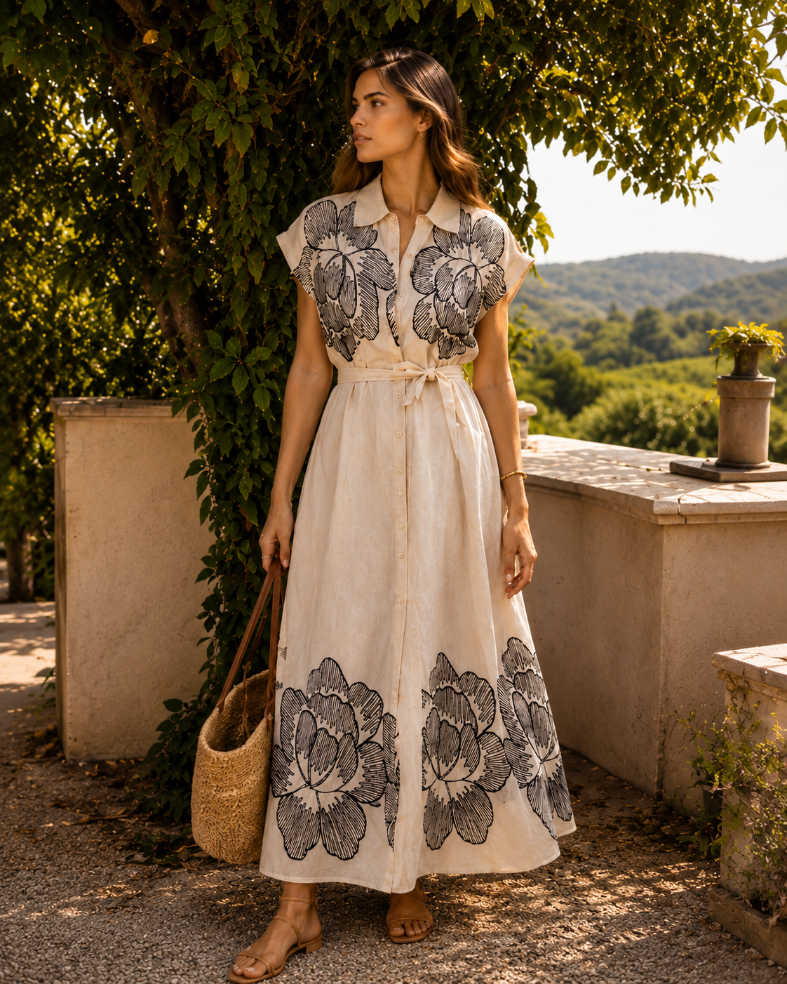 VESTIDO BEIGE CON ESTAMPADO EN HILO