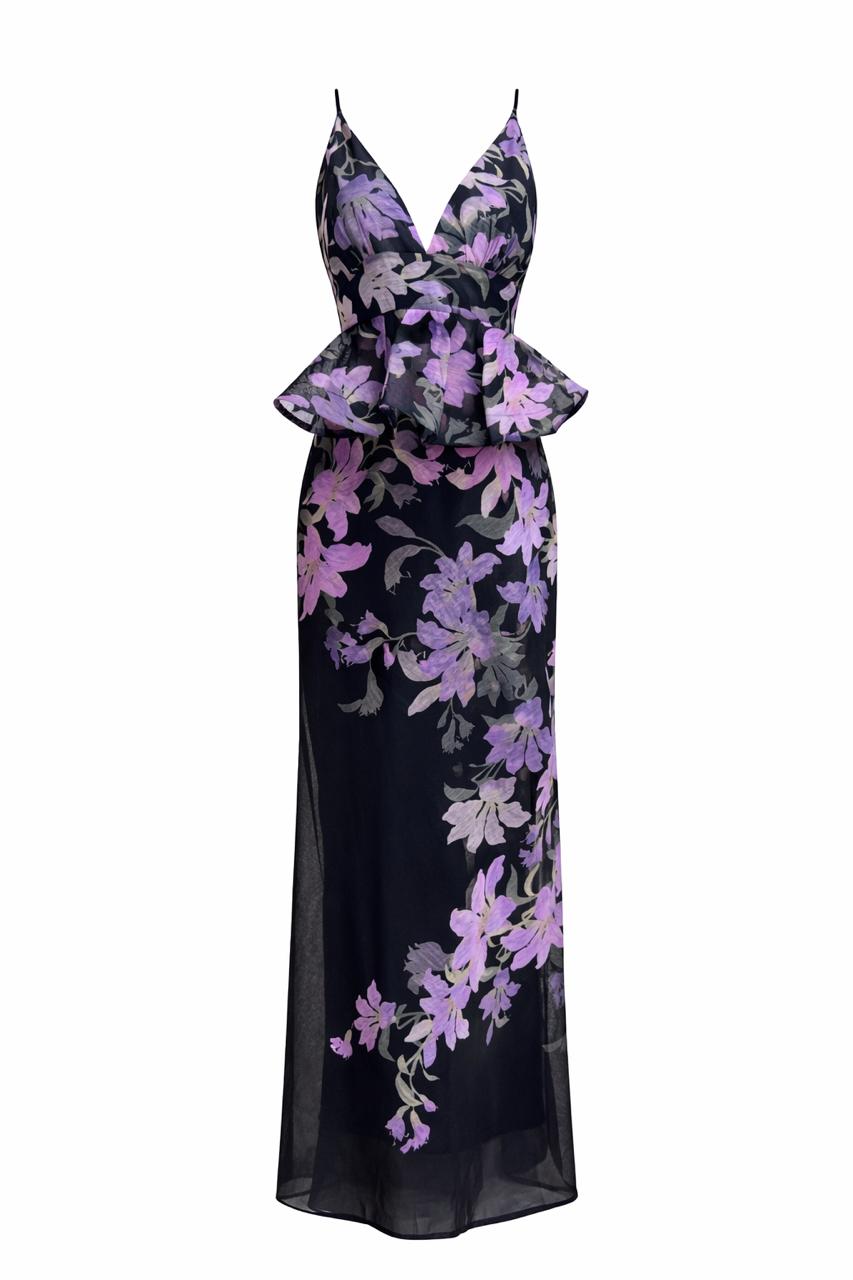 VESTIDO NEGRO CON FLORES MORADAS